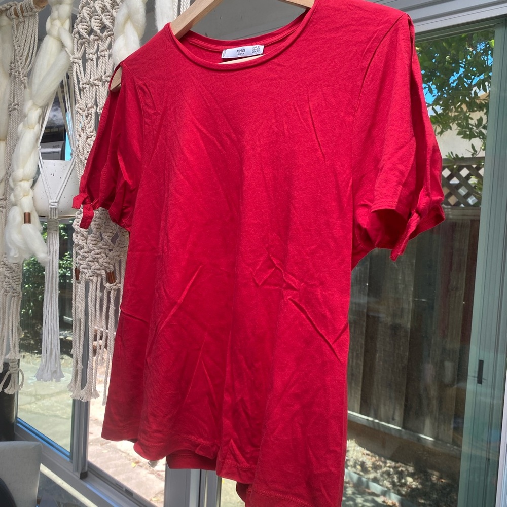 MANGO solid red t shirt with tying sleeves